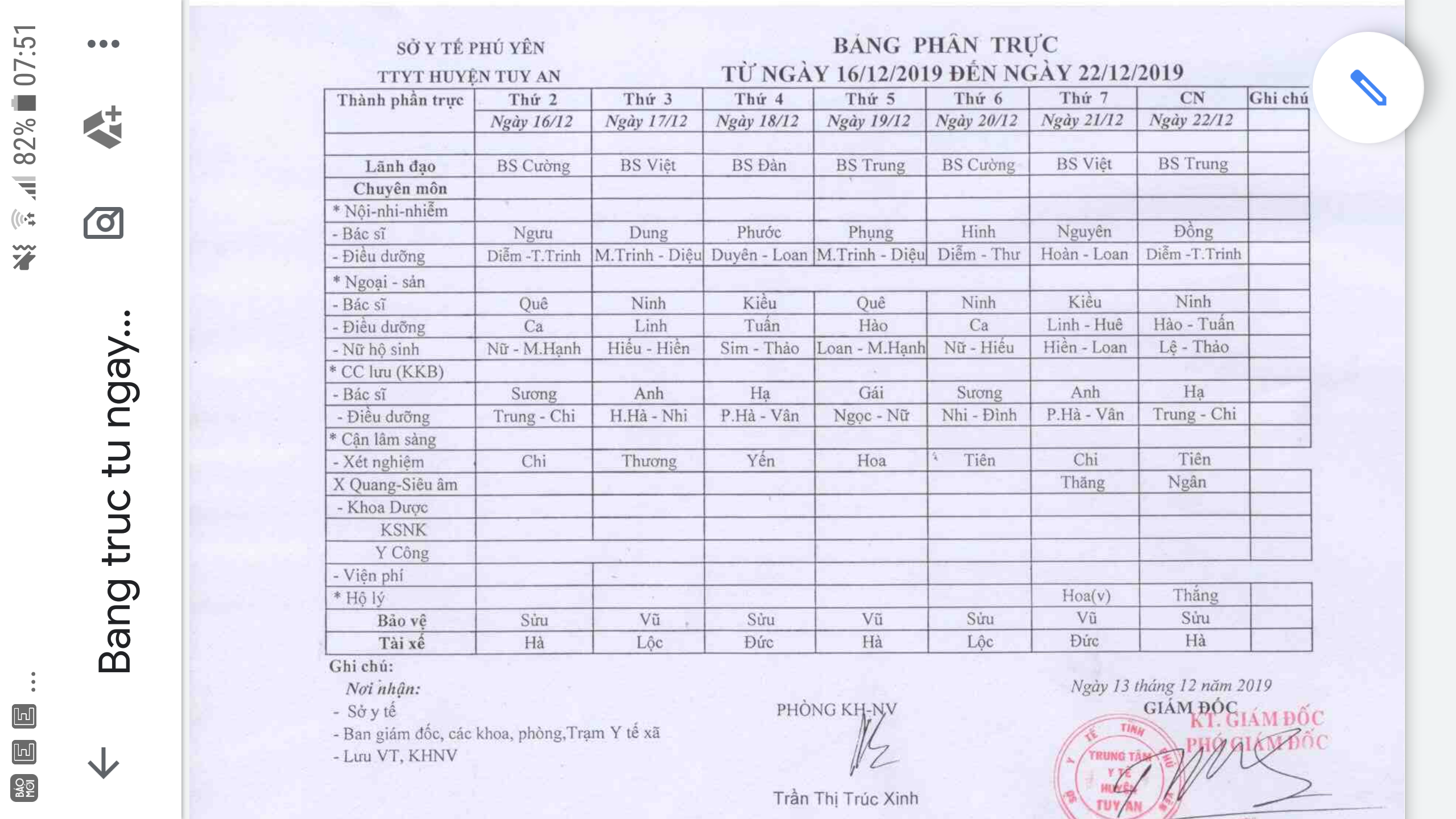 Lịch trực 16.12-22.12